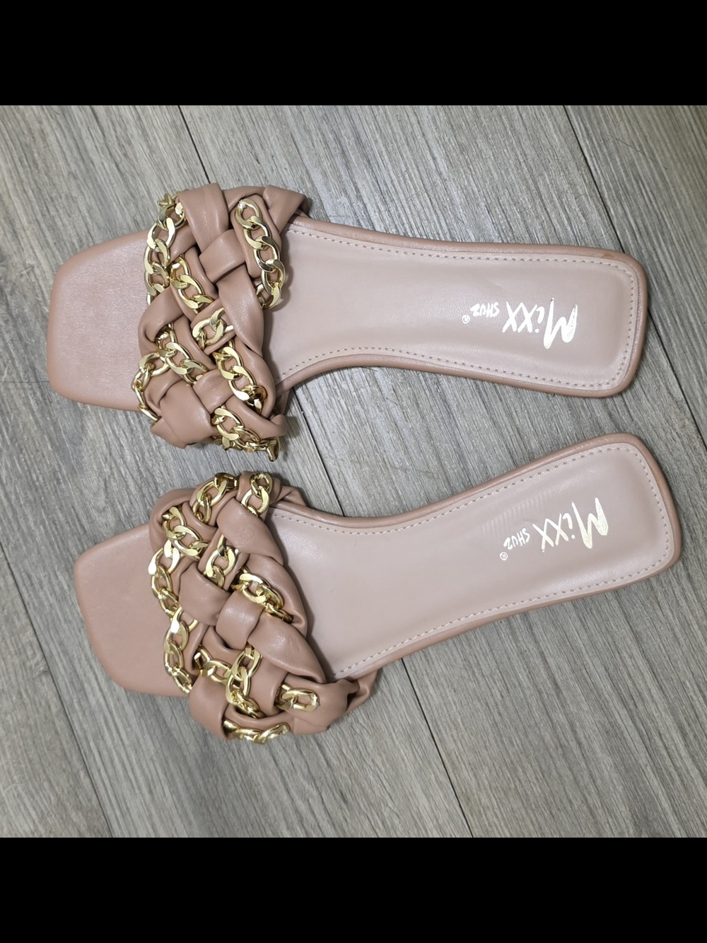 Slide Sandals in Nude with Gold Chain Detail